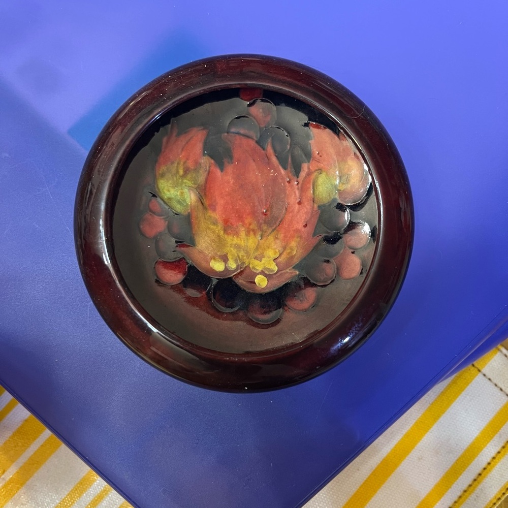 Artistic Signed Ceramic small saucer/Bowl with Red and Yellow Leaf Design